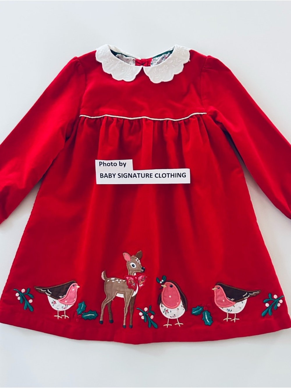 Baby Boden 2-3 Toddler Girl Red Velvet Dress Holiday Christmas Deer Robin